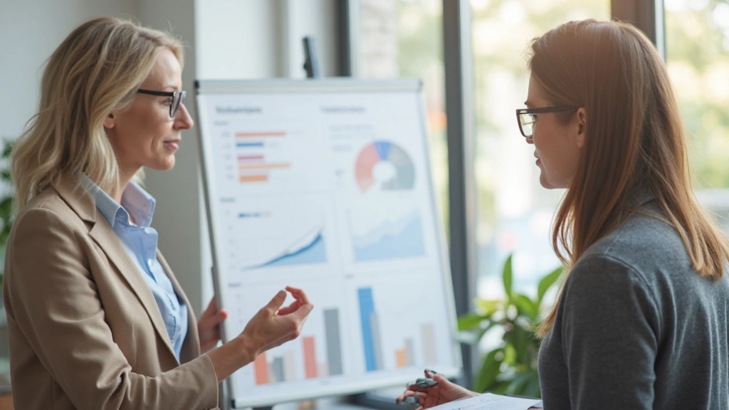 Professionelle Finanzberaterin erklärt finanziellen Plan mit Diagrammen und Grafiken in modernem Büroumfeld