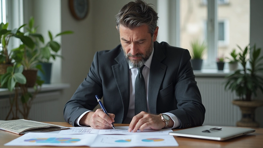 Finanzberater mit Diagrammen und Vermögensaufbau-Strategie-Dokumenten am Schreibtisch